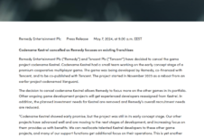 《心灵杀手》开发商Remedy宣布取消与腾讯合作的“Kestrel”多人合作游戏